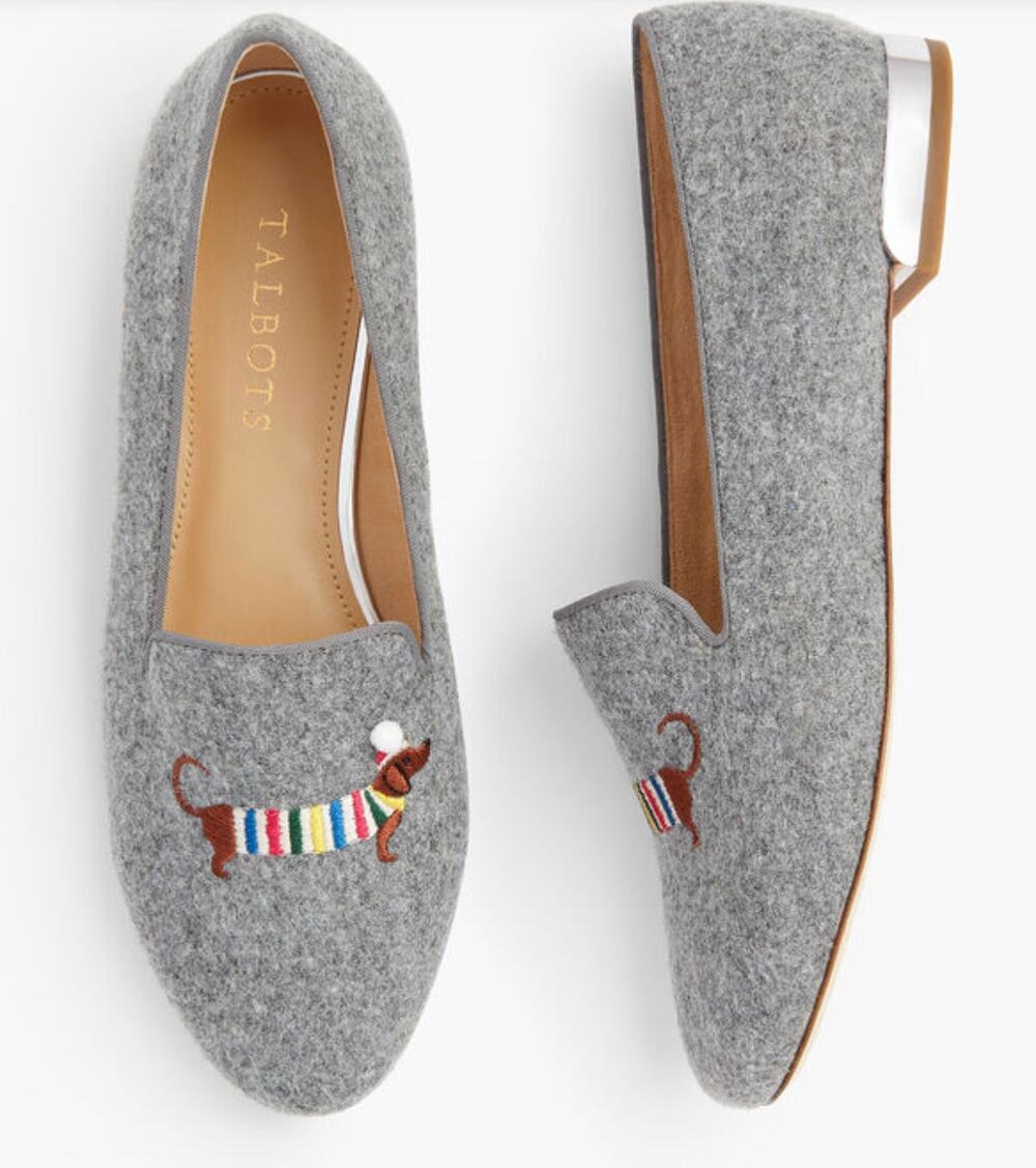 Talbots Womens 11 Gray Ryan Dachshund Embroidered Holiday Novelty Loafers
